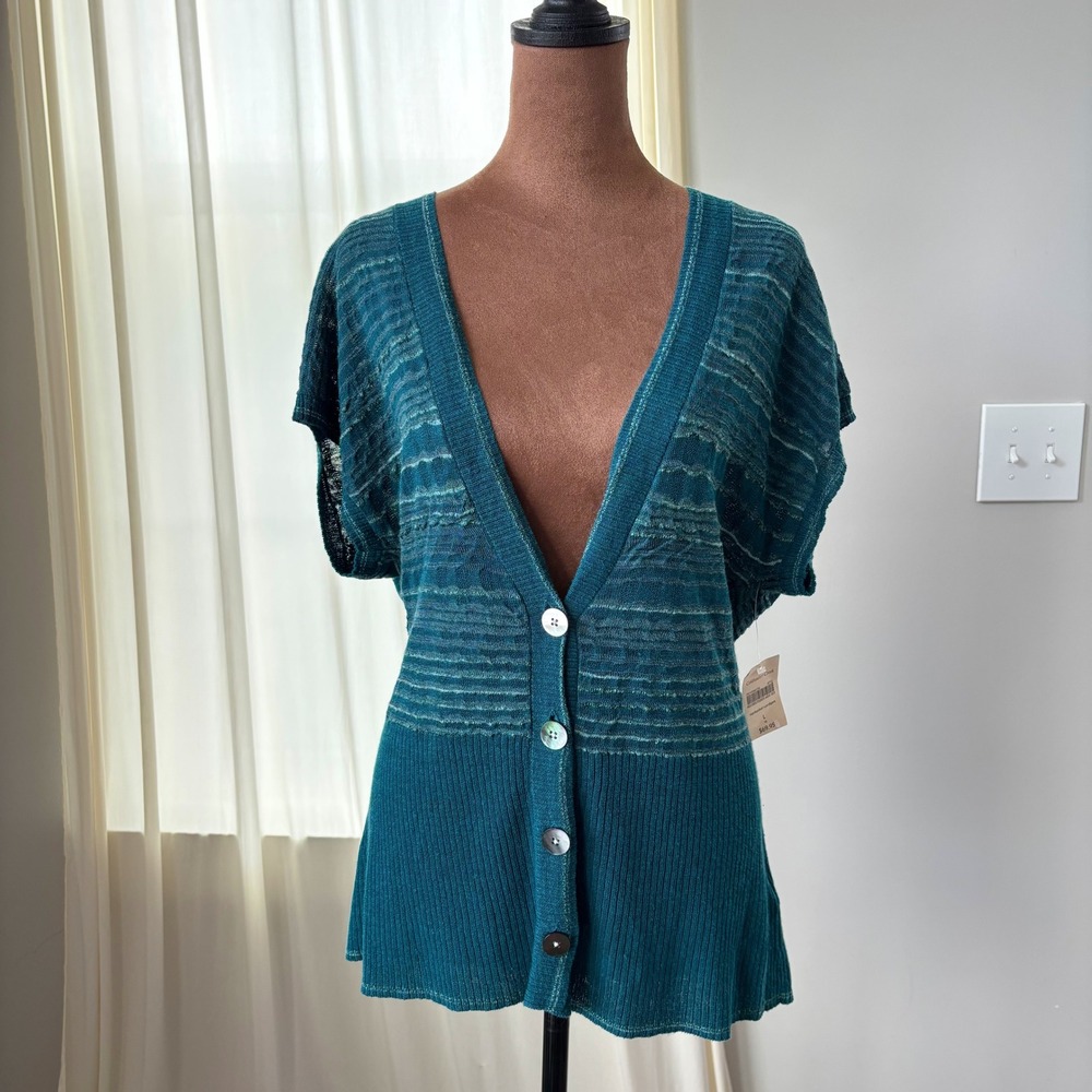 NWT Coldwater Creek Nantucket Cardigan L Short Sleeve Linen Knit Boho Cottage